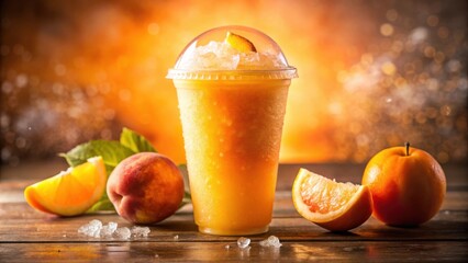 Poster - A Refreshing Blend of Summer Citrus and Peach, Served in a Frosted Cup on a Wooden Table