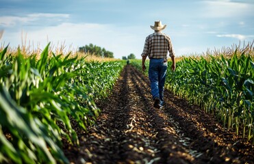 Aufkleber - Man walks through lush corn fields under a bright sky, concept of agriculture and hard work.