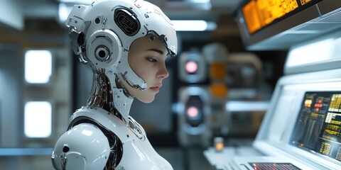 Aufkleber - An advanced cybernetics lab with sophisticated robotic prototypes where scientists test new technologies.