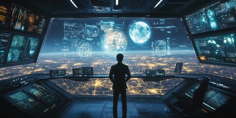 Aufkleber - A futuristic digital communication hub featuring advanced holographic displays for efficient global connectivity.