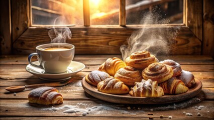 Poster - A rustic wooden table setting with warm morning light streaming through a window, showcasing a steaming cup of coffee and a delectable assortment of sweet pastries dusted with powdered sugar.