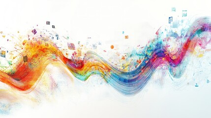 Poster - a burst of colorful quantum particles and waves, skillfully layered over a white background,
