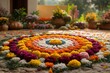 © Aliaksandra - festive floral arrangement, handmade bathukamma, adorned with abundant flowers, surrounded by traditional fabrics and embellishments, with room for messages