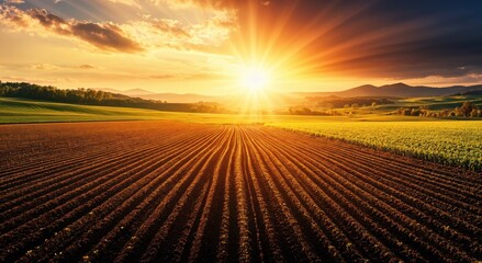 Leinwandbilder - Beautiful sunrise illuminates a vast agricultural landscape, highlighting rows of crops