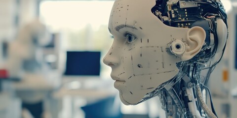 Aufkleber - A high-tech cybernetics workshop with robotic enhancements where scientists test advanced functionalities.