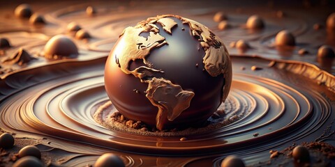 Poster - A Chocolate Earth Globe Nestled in a Pool of Melted Chocolate Surrounded by Cocoa Powder