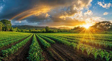 Poster - Landscape showcasing rows of crops under a stunning sunset, with dramatic clouds and a radiant sun illuminating the field.