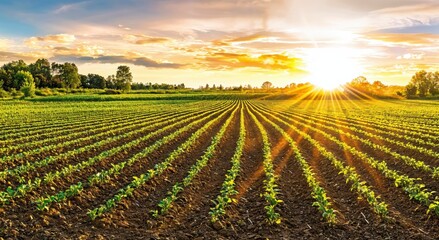 Aufkleber - Sunrise illuminates a lush green field, featuring neatly arranged rows of young crops under a sky.