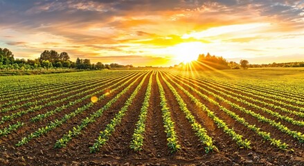 Leinwandbilder - Sunset illuminates a lush green field, showcasing neatly arranged rows of crops under a golden sky.