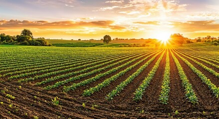 Aufkleber - Sunrise illuminates a lush, green field of crops, showcasing orderly rows