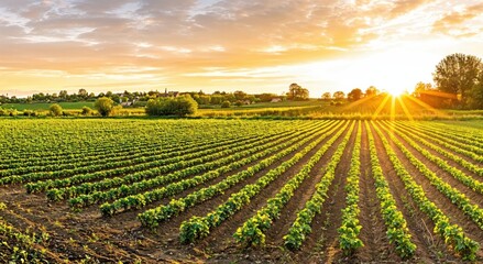 Leinwandbilder - Lush green fields stretch under a vibrant sunset, showcasing rows of crops against a backdrop of serene nature.