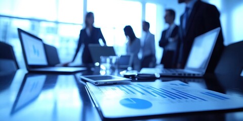 Fototapete - An executive team evaluates strategic objectives during a conference meeting, with laptops and charts strategically arranged around the table.