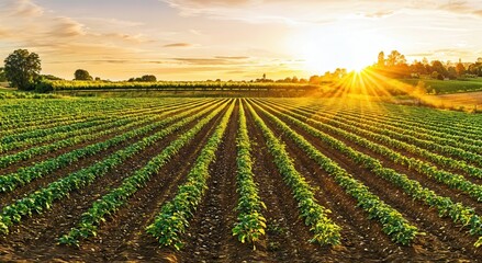 Leinwandbilder - Sunrise over a lush green field, showcasing neatly arranged rows of crops under morning sky.