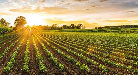 Poster - Sunrise over lush green fields showcases rows of crops in a serene agricultural landscape.