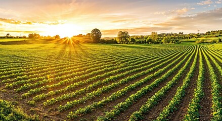 Poster - Sunlit farmland with rows of crops stretches across the landscape in golden sunlight