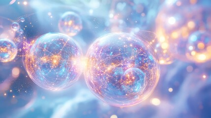 Poster - orbs, radiating energy and light, arranged artistically on a minimal white background, emphasizing the enchanting nature