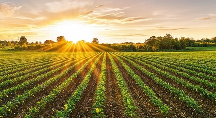 Leinwandbilder - Sunset over a green field, with sun rays illuminating the rows of crops