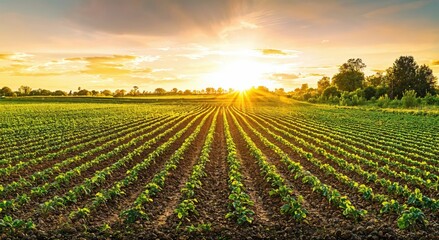 Poster - Sunrise over a lush green field, showcasing neat rows of crops under a golden sky