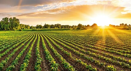 Leinwandbilder - Lush green fields stretch under a golden sunrise, showcasing rows of crops