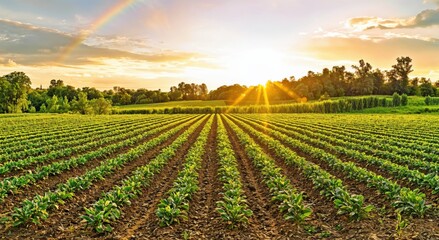 Leinwandbilder - Sunset casts golden rays over a lush green field, showcasing rows of crops