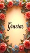 © sarahsophie - Gracias en Texto Cursiva Amarillo con Borde Floral de Rosas Rojas y Margaritas Blancas Título Elegante