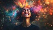 © Sirichat. Camphol - A creative and optimistic state of mind, with colorful bursts of light and abstract shapes surrounding a smiling person, emphasizing the power of positive thinking and mindset shifts