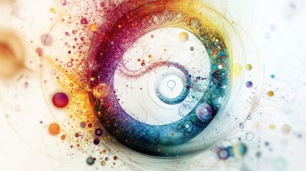 Poster - particles in vibrant colors, set against a smooth white backdrop, capturing the essence of abstract scientific