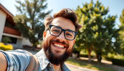 Close-up of smiling man taking selfie outdoors on sunny day. Man with beard and glasses in casual clothing enjoying outdoor moment. Concept of happiness, modern communication, and casual lifestyle i