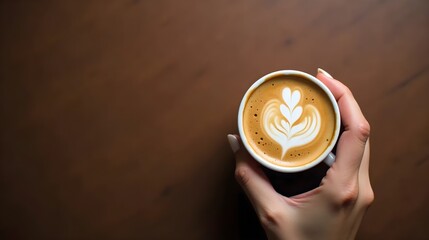 top view hot coffee latte cappuccino  cup top with woman hand on brown background with selective focus