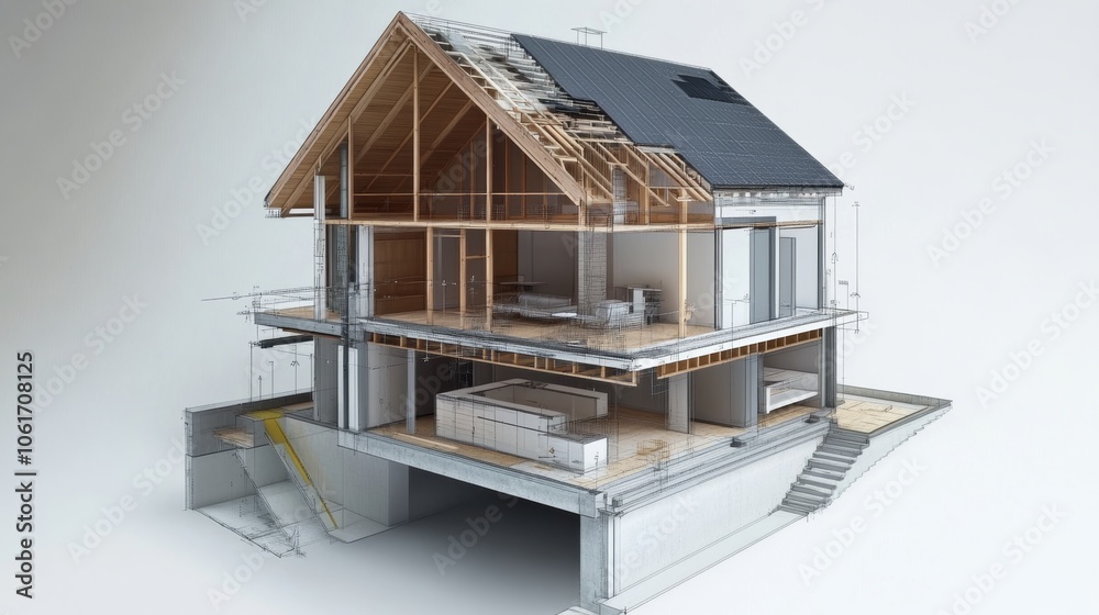 A house construction engineering diagram, focusing on the technical ...