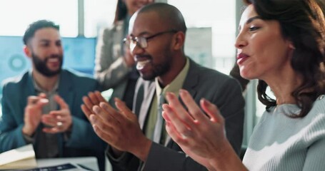 Poster - Meeting, office and excited business people applause with teamwork, collaboration and celebration. Corporate, diversity and men and women clapping hands for success, winning and good news for job