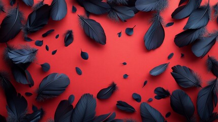 Sticker - Red background with black feathers scattered around it. The feathers are arranged in a circular pattern, creating a sense of movement and depth. The image evokes a feeling of mystery and intrigue