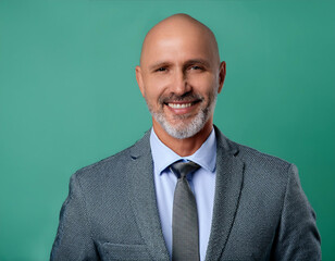 Portrait of Handsome Mature Man Looking Happy and Smiling Against Colored Studio Background