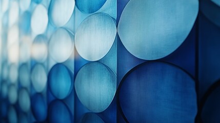 Poster - wall is covered in blue and white circles, creating a visually striking and unique design. blue circles are large and stand out against the white background, while white circles are smaller