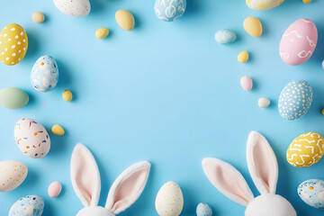 Easter party concept. Top view photo of easter bunny ears white pink blue and yellow eggs on isolated pastel blue background with copyspace in the middle