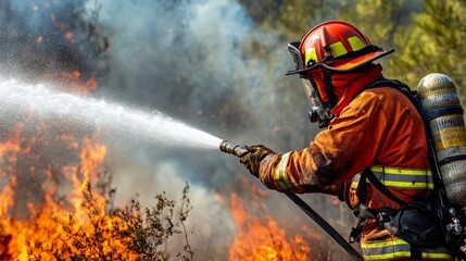 A skilled firefighter in action, using hoses and tactical positioning to combat a rapidly spreading wildfire, with the emergency team working in unison