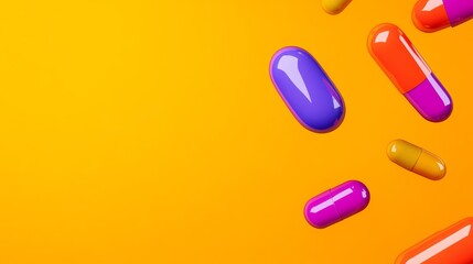Poster - Colorful pill bottle with a yellow background. The pill bottles are scattered across the background, creating a sense of motion and energy