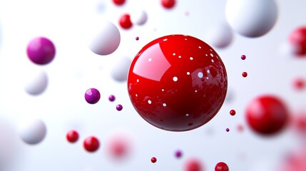 Poster - Red ball surrounded by many other balls of different colors. Concept of chaos and disorder, with the red ball standing out as the focal point. various colors of other balls create a sense of movement