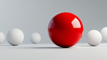 Poster - red ball is placed in front of a row of white balls. the red ball is the only one that stands out, m