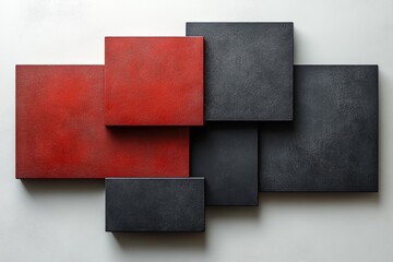 Poster - Wall of black and red squares. The squares are arranged in a way that they look like they are overlapping. wall is made of concrete and has a rough texture. colors of the squares are bold, contrasting