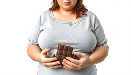 Creative drawing collage picture of young female plus size weight loss hands hold chocolate weird freak bizarre unusual fantasy isolated with white shades, png