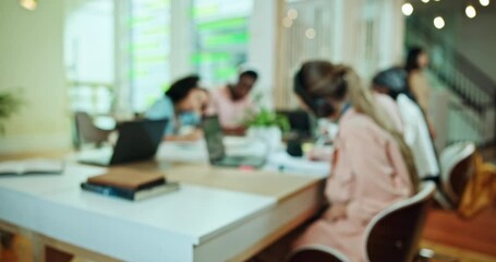 Aufkleber - School, students and blur of people in library with laptop for research for assignment, project and online test. College, university and men and women on computer for learning, education and studying