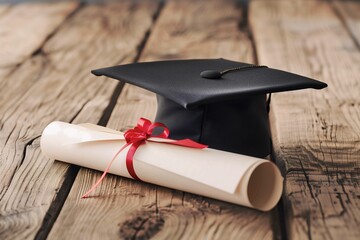 Graduation Cap and Diploma on Wooden Table