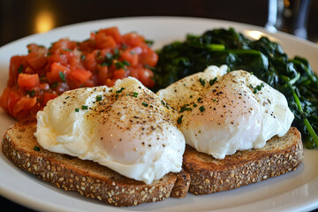 a plate of poached eggs on whole grain toast with a side of spinach