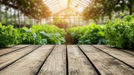 wooden table top with blurred greenery and vegetables in greenhouse for product display or montage