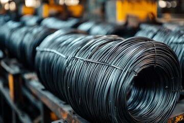 Wire rod, metal steel wire rolls in a factory production line