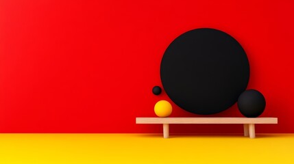 Poster - Red wall with a black and yellow circle on a wooden shelf. The circle is surrounded by three other balls
