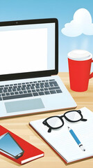 Fototapete - Laptop, notepad, coffee cup, glasses, phone, pencil on a wooden desk.