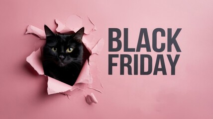 Black Friday promotion banner with black cat tearing hole in pink paper background and copy space