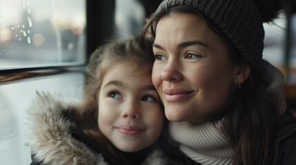 Canvas Print - A woman and a little girl are sitting in a car, the woman is wearing a hat